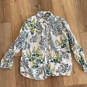 Cynthia Rowley White Linen Button-Up with Green Leaf & Yellow Floral Print